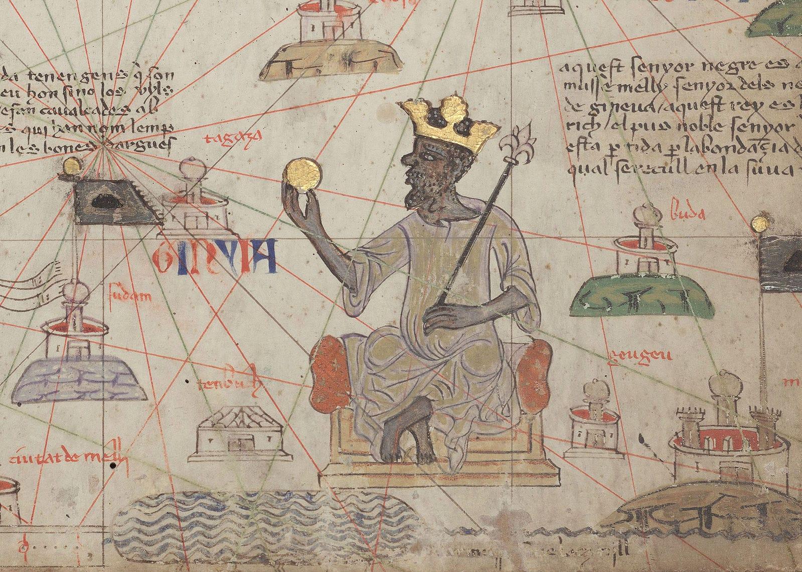 Musa depicted holding a gold coin from the 1375 Catalan Atlas.